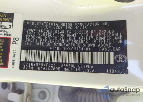 2016 Toyota Camry Se z USA, uszkodzony, nr VIN 4T1BF1FK4GU151184